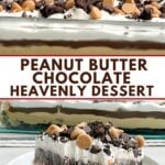 heavenly peanut butter oreo dessert on a white plate and in a glass pan.