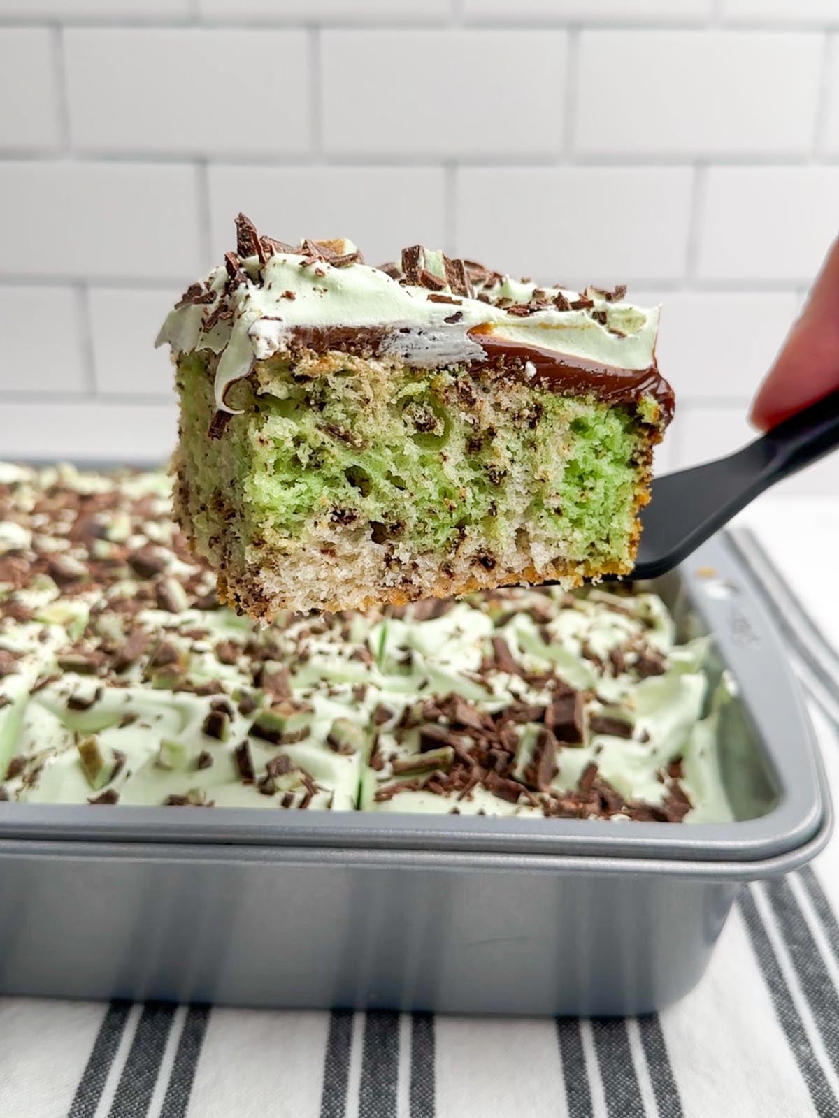 spatula holding a piece of mint chocolate cake