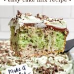 spatula lifting a piece of creme de menthe cake out of the pan.