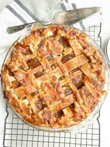 canned apple pie with plaid lattice pie crust.