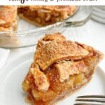 piece of apple pie with canned filling and premade crust on a white plate.