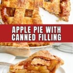 piece of apple pie with canned filling and premade crust on a white plate.
