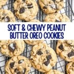peanut butter cookies with oreos on a baking rack.