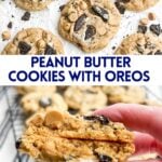 photos of peanut butter cookies with oreos on parchment and a hand holding two halves of a peanut butter oreo cookie.