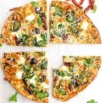 tortilla pizza with pesto and goat cheese cut into fourths on white parchment paper.
