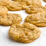 chocolate chipless cookies on a white countertop.