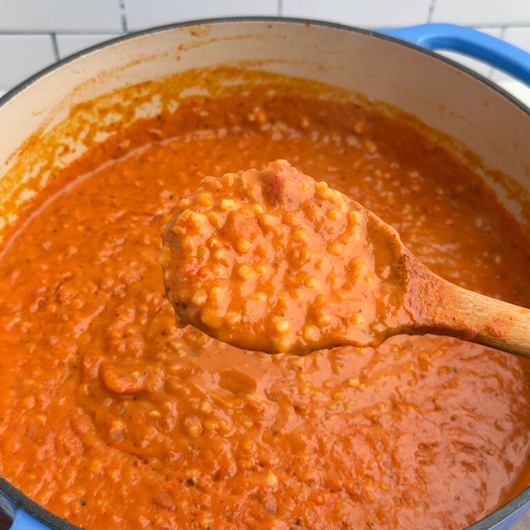 wooden spoon filled with tomato pastina above a Dutch oven.