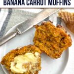 carrot banana muffin on a white plate.