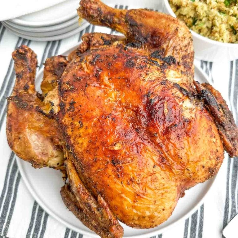 air fryer whole chicken on a white plate.