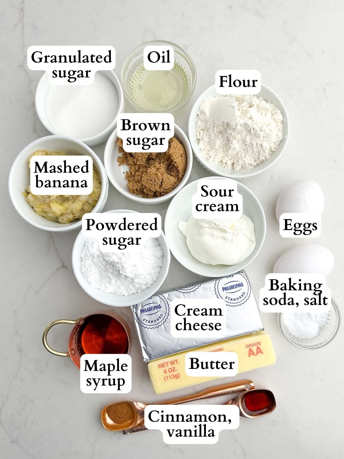 ingredients for banana bars with cream cheese frosting.