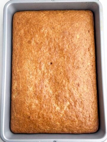 baked unfrosted banana bars in a 9 x 13 pan.
