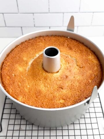 cake mix banana angel food cake in an angel food cake pan.