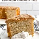 a piece of cake mix banana angel food cake on a plate with cinnamon whipped cream.