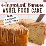 knife cutting into a cake mix banana angel food cake with cinnamon icing.