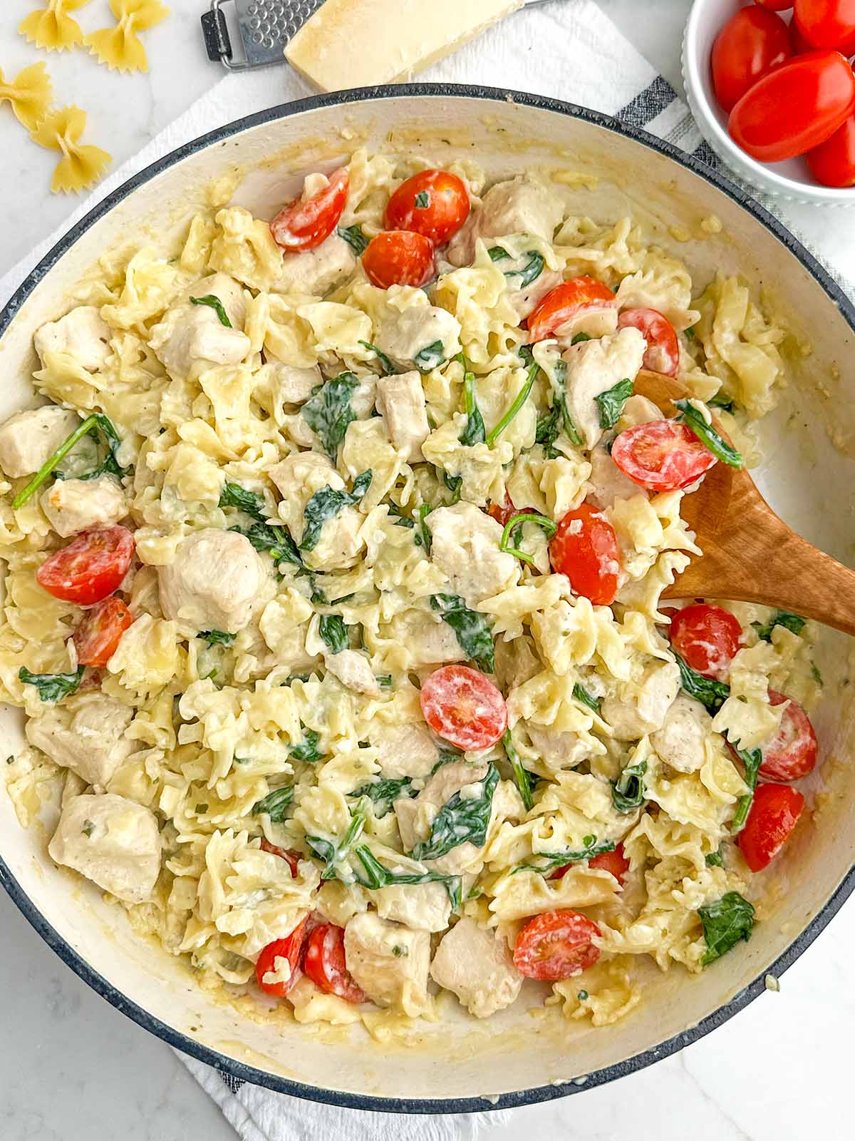 chicken Boursin pasta in a Dutch oven.