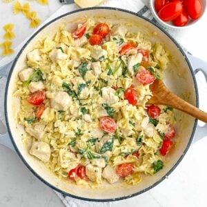 chicken Boursin pasta in a Dutch oven.