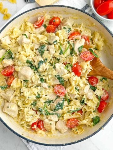 chicken Boursin pasta in a Dutch oven.