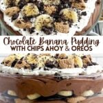 layered banana chocolate pudding dessert in a clear trifle bowl.