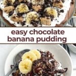 small white bowl of chocolate banana pudding.