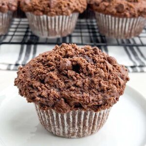chocolate cake mix muffin on a white plate.