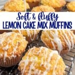 lemon cake mix muffins with lemon glaze and lemon streusel on a wire baking rack.