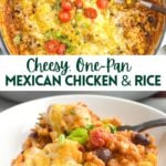 photos of cheesy Mexican chicken and rice topped with tomatoes, green onions, and cilantro in a Dutch oven and cheesy Mexican chicken and rice in a white bowl.