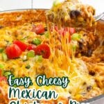 spoon lifting up a gooey, cheesy serving of Mexican chicken and rice from a Dutch oven.