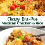 photos of a spoon lifting up a gooey, cheesy serving of Mexican chicken and rice from a Dutch oven and cheesy Mexican chicken and rice in a white bowl.