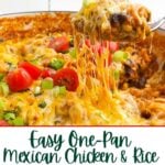 spoon lifting up a gooey, cheesy serving of Mexican chicken and rice from a Dutch oven.