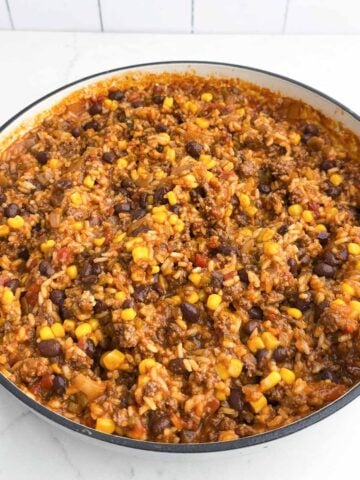 ground beef salsa rice with beans and corn a Dutch oven.