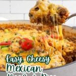 spoon lifting a serving of cheesy ground beef salsa rice with beans and corn out of a Dutch oven.