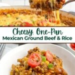 spoon lifting a serving of cheesy ground beef salsa rice with beans and corn out of a Dutch oven.