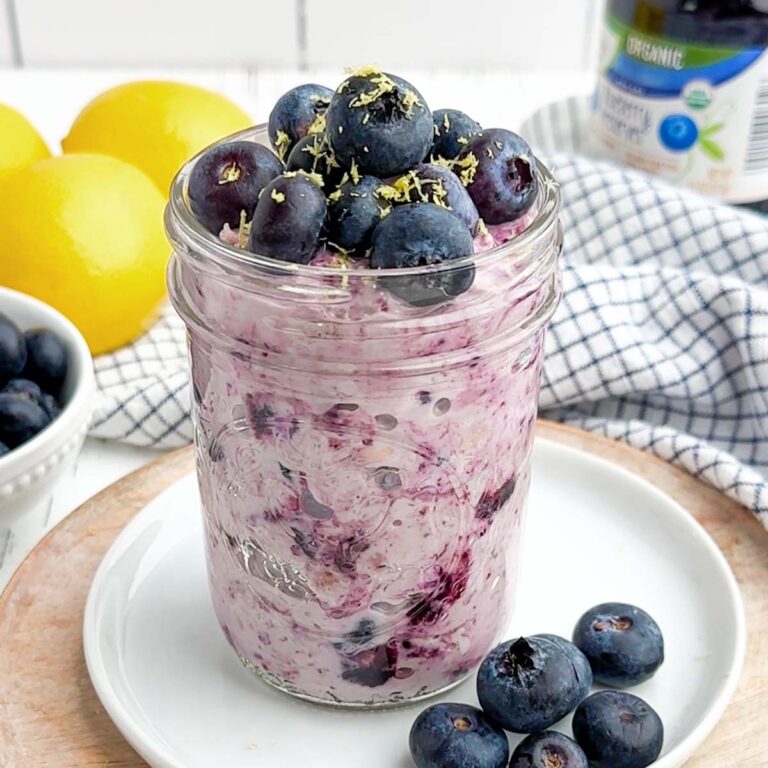 lemon blueberry overnight oats in a mason jar.