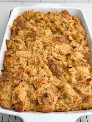 baked pineapple bread pudding in a 9 x 13 baking dish.