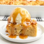 pineapple pudding topped with vanilla ice cream and caramel whiskey sauce.