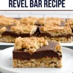 a chocolate revel bar on a white plate.
