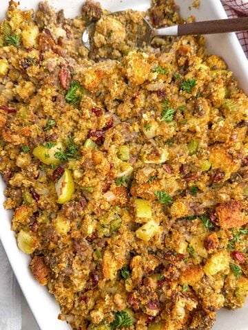 jiffy cornbread stuffing in a white baking dish.