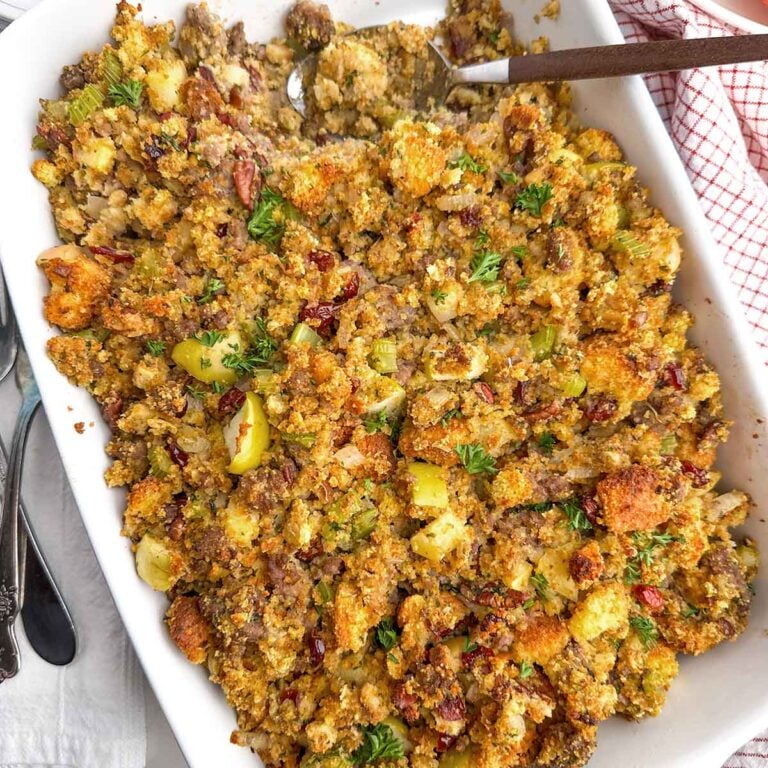 jiffy cornbread stuffing in a white baking dish.