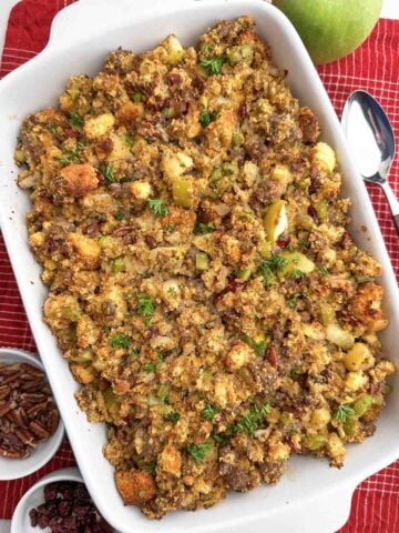 jiffy cornbread stuffing in a white baking dish.
