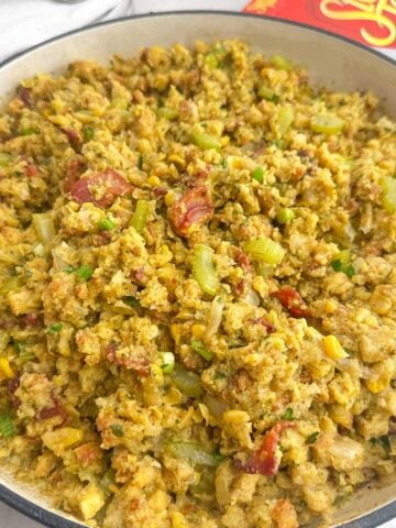 stovetop cornbread stuffing in a Dutch oven.