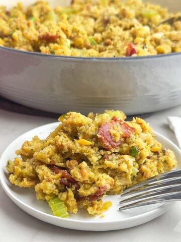 stovetop cornbread stuffing on a white plate.