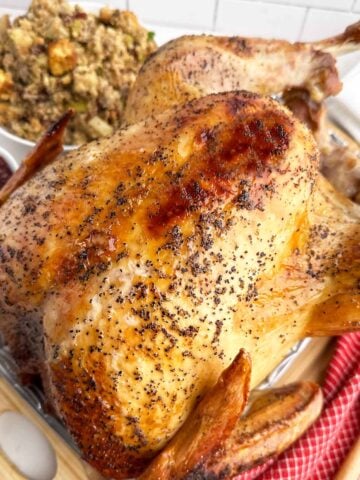 a whole roasted turkey with a bowl of stuffing in the background.