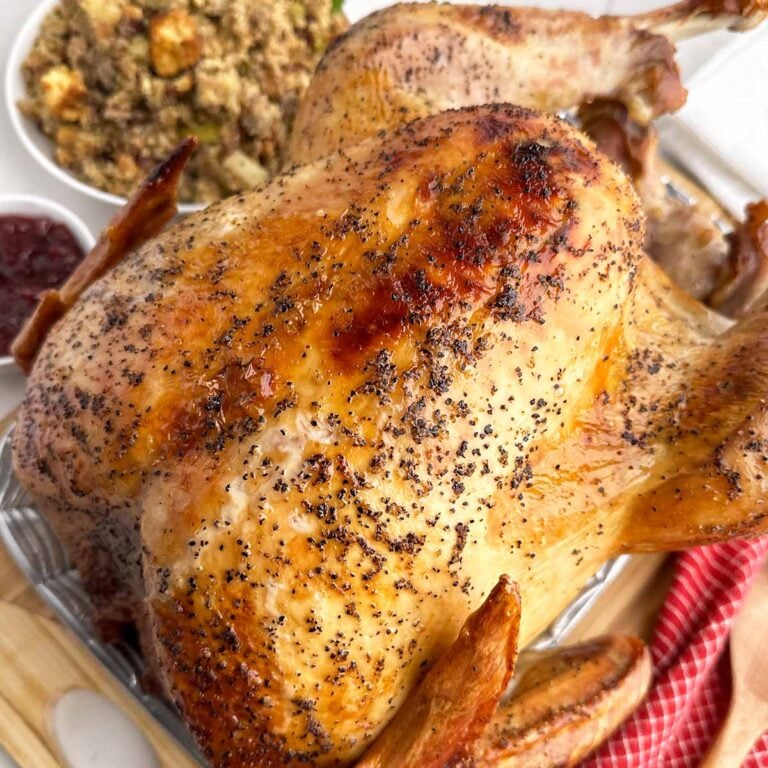 a whole roasted turkey with a bowl of stuffing in the background.