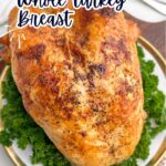 roast bone-in turkey breast on a white plate.