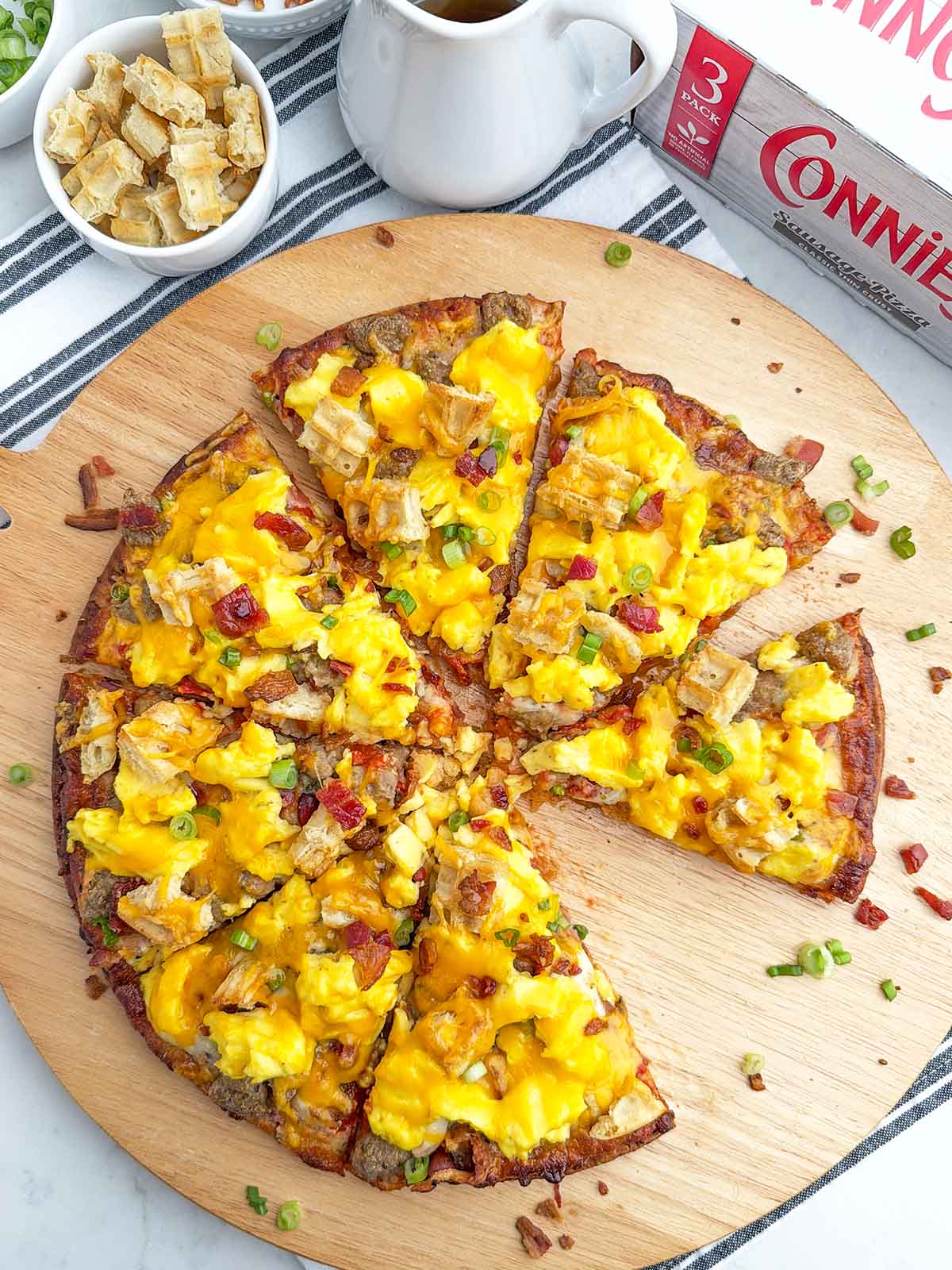 breakfast pizza made with a frozen sausage pizza.
