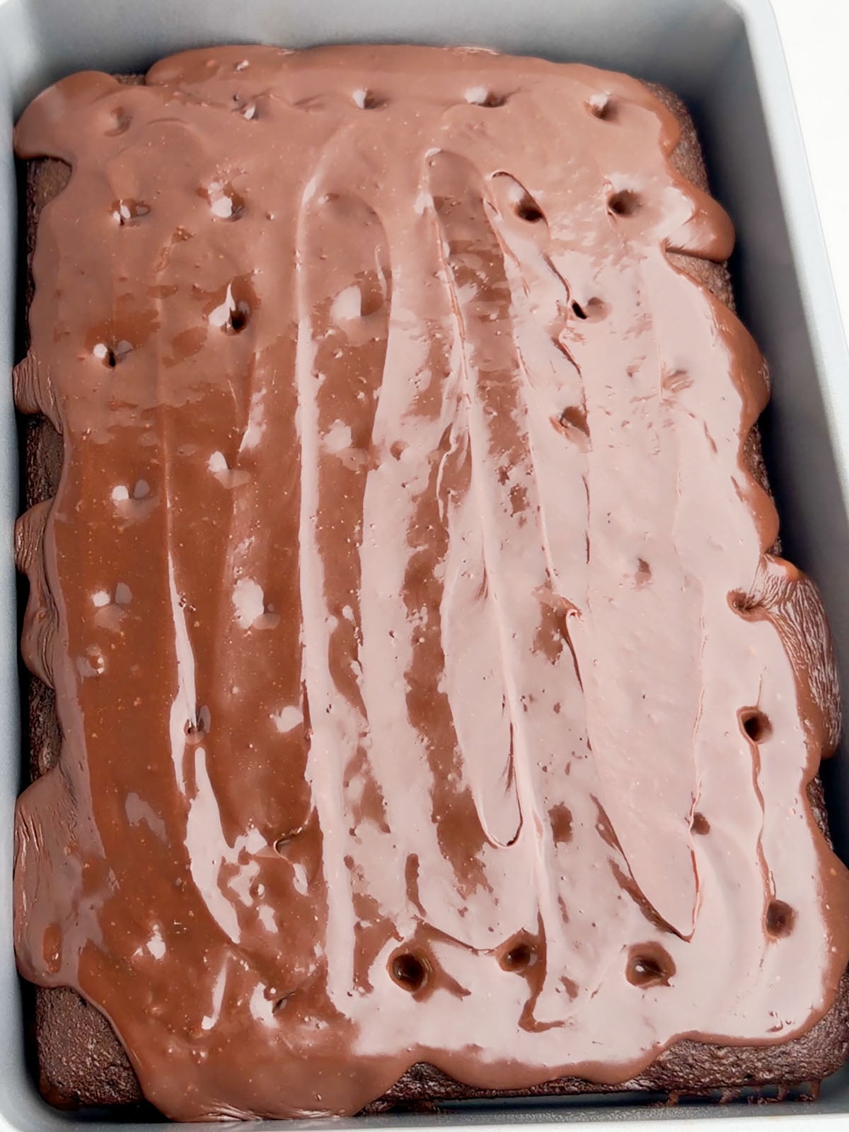chocolate fudge layer on top of chocolate cake.