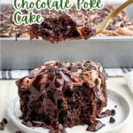 piece of chocolate poke cake on a white plate.