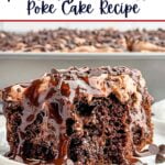 piece of chocolate poke cake on a white plate.