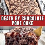 piece of chocolate poke cake on a white plate.