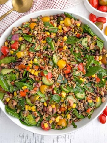corn and wild rice salad in a white bowl.